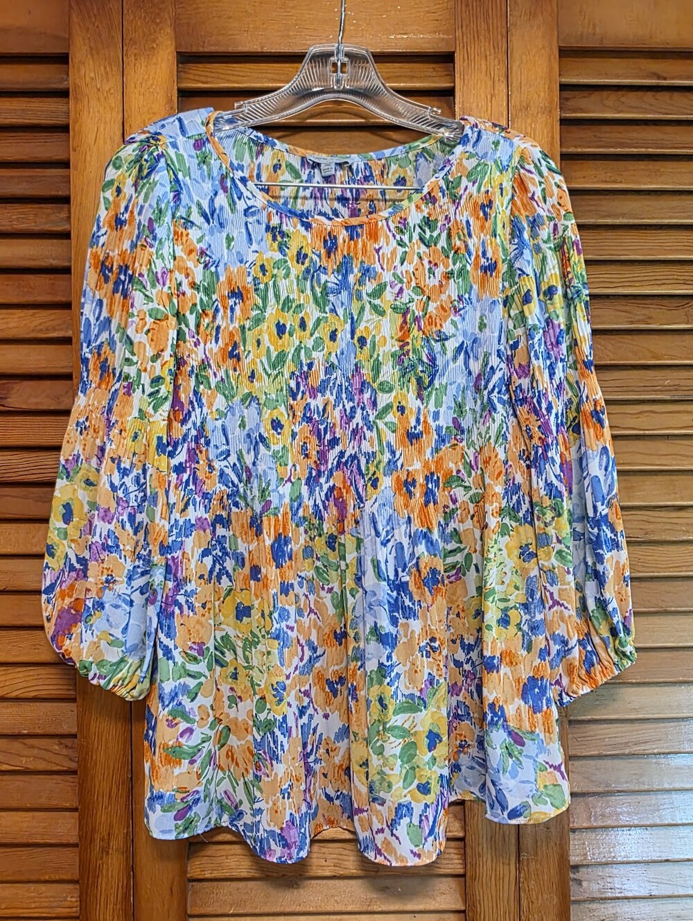 Floral & Ivy Petite Medium PM Watercolor Floral Plissé Tunic Blouse Boho EUC